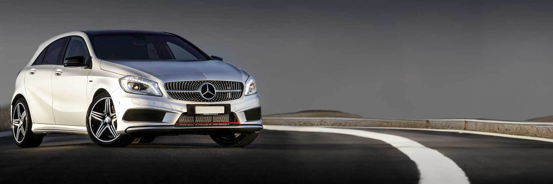 Banner image of a  Mercedes A-Class W176 featuring original Mercedes wheels.