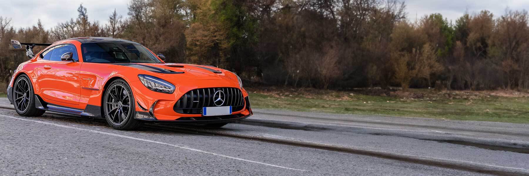 Banner image of a  Mercedes AMG GT X290 featuring original Mercedes wheels.