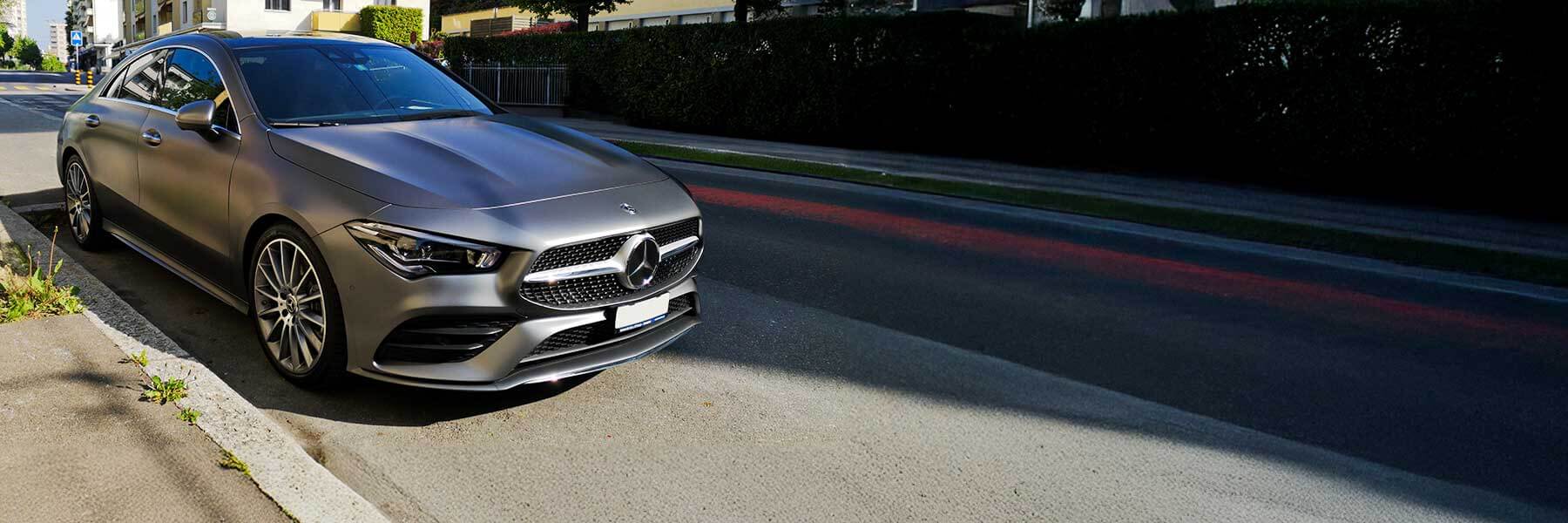Banner image of a  Mercedes CLA X118 featuring original Mercedes wheels.
