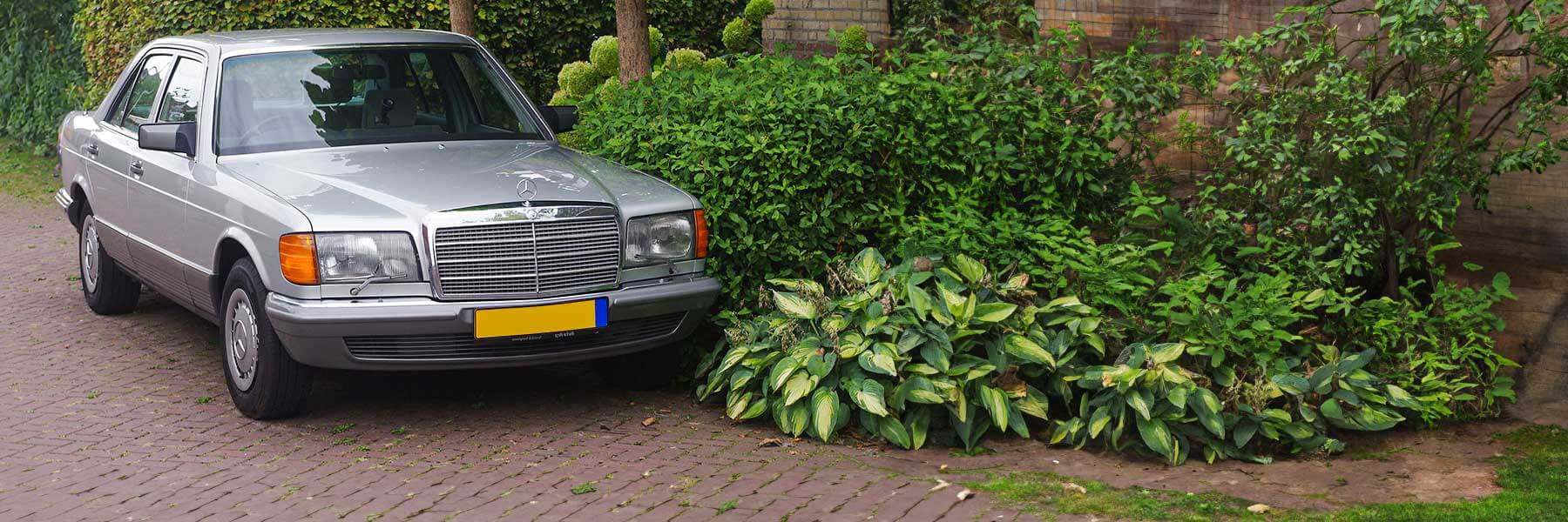 Banner image of a  Mercedes S-Class W126 featuring original Mercedes wheels.
