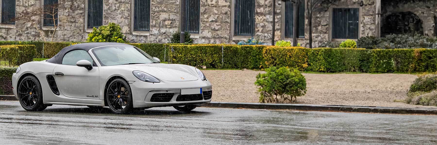 Banner image of a  Porsche 718 Boxster 982 featuring original Porsche wheels.
