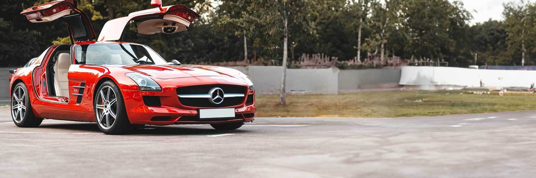 Featured banner showcasing the Mercedes SLS with original Mercedes wheels.