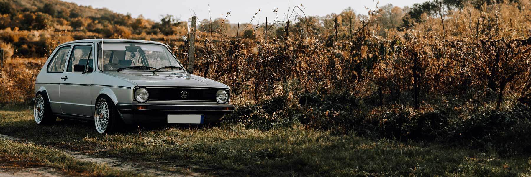 Featured banner showcasing the VW Golf & Jetta Mk2 with original VW wheels.