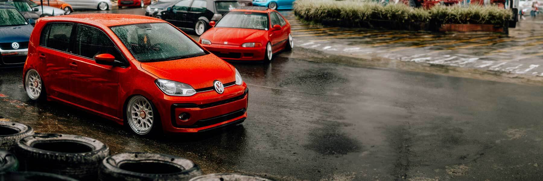 Featured banner showcasing the VW UP with original VW wheels.